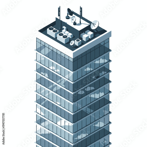 Modern office building with rooftop equipment.