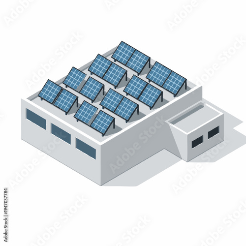 Isometric illustration of solar panels on building roof for renewable energy.