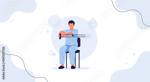 Man in hospital gown doing physiotherapy exercise with resistance band at home
