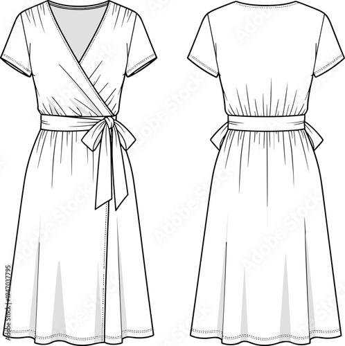 Short sleeve wrap dress technical fashion sketch, front and back view surplice neck midi dress cad drawing flat vector illustration for tech pack