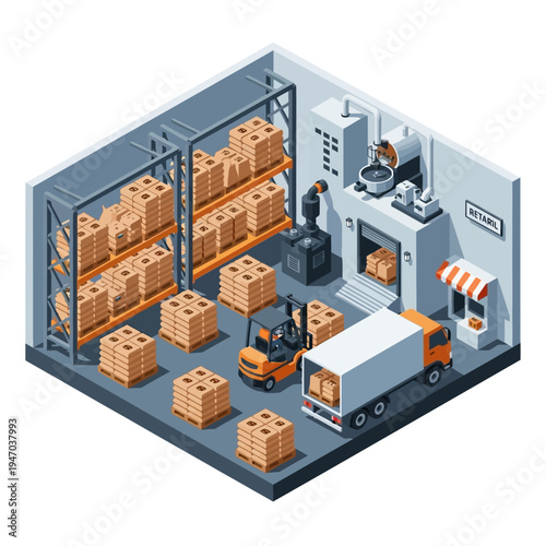 Isometric view of a modern logistics warehouse with forklift, delivery truck, and automated systems for efficient goods handling and distribution.