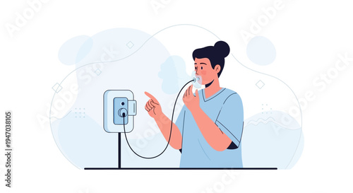 Person using nebulizer for respiratory treatment, medical device illustration
