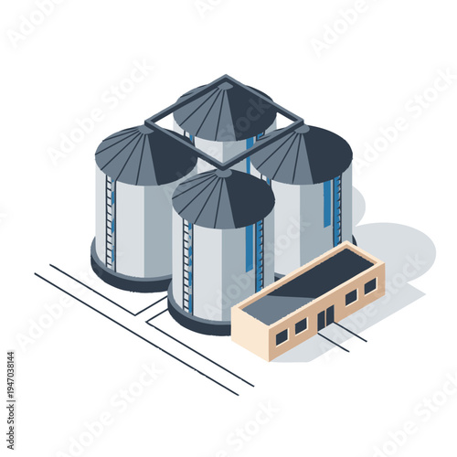 Industrial grain storage silos and warehouse.