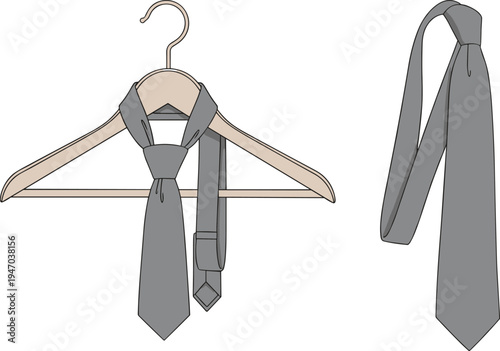 Men's necktie technical flat sketch with wooden hanger display, formal silk tie, classic neckwear accessory, and fashion garment vector illustration.