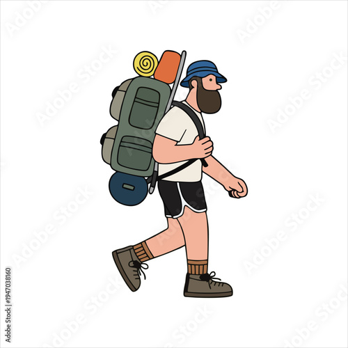 Man hiking with heavy backpack illustration