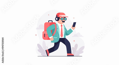 Animated man with backpack, headphones, and phone walks in stylized outdoors