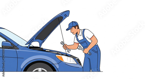Mechanic Checking Blue Car Engine.