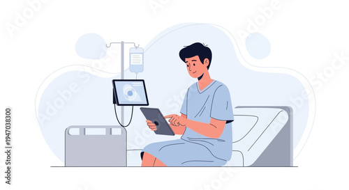 Patient using tablet in hospital bed with IV drip and medical equipment
