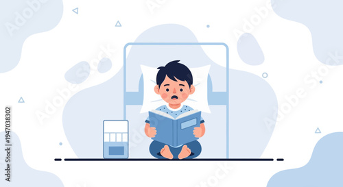 Sick Child Reading Book in Hospital Bed, Feeling Better