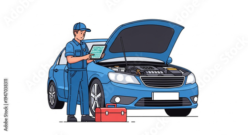 Mechanic Checking Blue Car Engine.