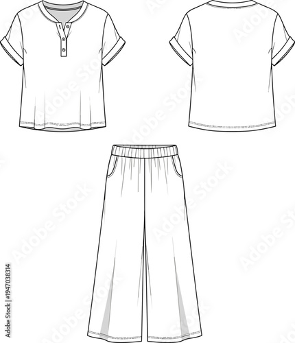 Women's loungewear set technical flat sketch with Henley button placket top, cuffed sleeves, wide leg pants, and elastic waistband vector illustration.