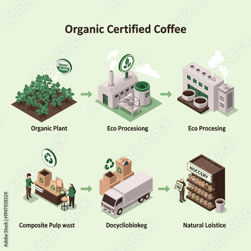 Isometric infographic illustrating the sustainable and organic certified coffee production process from plant cultivation to eco-friendly processing, packaging, and retail distribution.