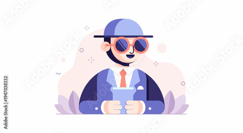 Cartoon man in suit, hat, and large sunglasses holds a cup