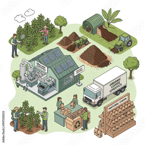 Isometric illustration showing the complete organic coffee production chain from farm to retail, including cultivation, processing, packaging, and logistics.
