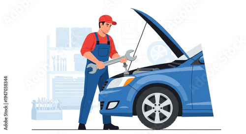 Mechanic checking blue car engine.