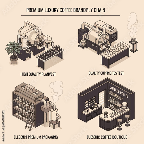 Isometric illustration of a premium luxury coffee brand supply chain, showing roasting, quality testing, packaging, and a coffee boutique.