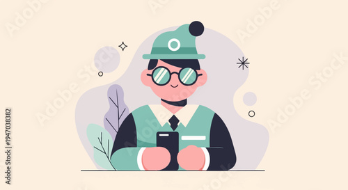 Cheerful cartoon person with glasses wearing a hat and using phone