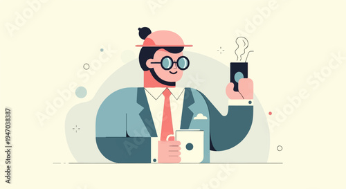 Cheerful cartoon man with coffee and phone, wearing suit and hat
