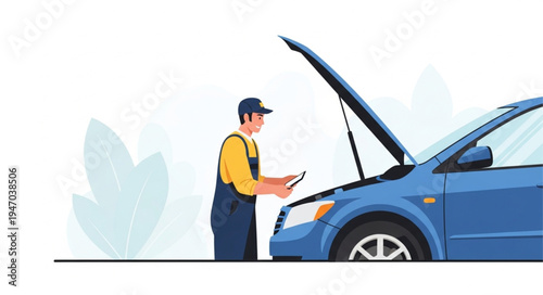 Mechanic checking blue car.