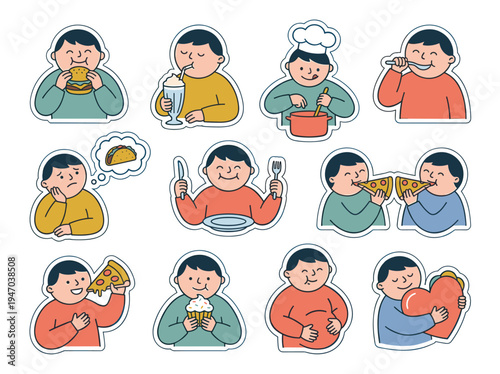 a set of stickers of a man eating.