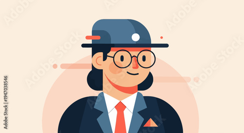 Flat illustration of a smiling person wearing a hat and glasses