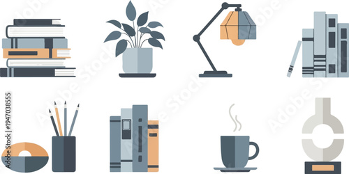 Flat illustrations of books, plant, lamp, pencils, coffee, and trophy
