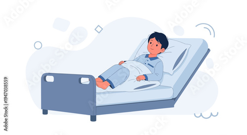 Sick child in hospital bed with pajamas, feeling unwell, medical care concept