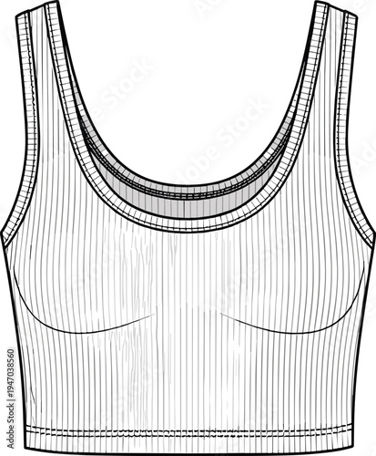 Women's ribbed crop top technical flat sketch with scoop neckline, wide straps, elasticated hem, and slim fit vector illustration.