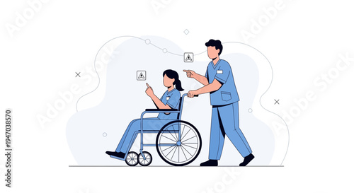 Nurse pushing patient in wheelchair, pointing at digital interface, healthcare concept