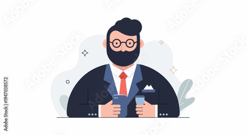 Flat illustration of a bearded man in a suit holding a phone and coffee