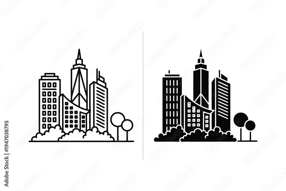 Obraz premium Abstract City Skyline & Park Icons - Modern Urban Landscape with Greenery