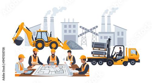 Industrial Construction Project: Engineers Planning, Heavy Equipment & Logistics at Factory Site
