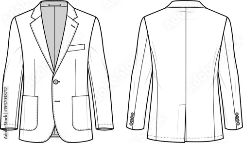 Men's blazer jacket technical flat sketch with notch lapel, two button closure, patch pockets, chest pocket, and back vent vector illustration.