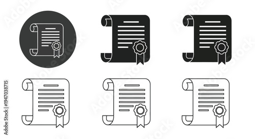 Collection of six certificate icons representing official documents parchment scrolls and achievement seals in various styles