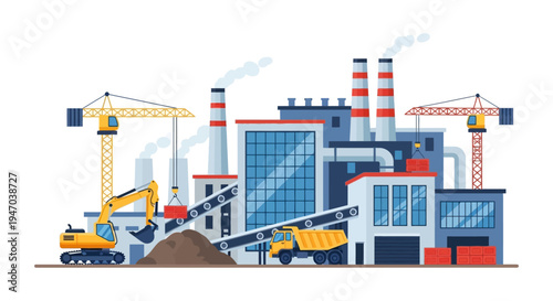 Industrial Manufacturing Plant with Heavy Machinery and Production Processes. Factory Complex with Cranes, Excavator, Dump Truck, and Conveyor Belt System Illustration.