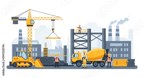 Construction Site with Heavy Machinery and Workers. Crane, Bulldozer, Cement Mixer Truck, and Industrial Buildings. Flat Vector Illustration.