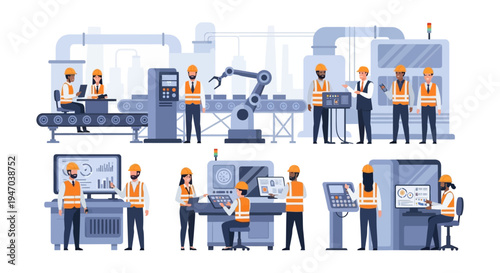 Modern Factory Automation: Diverse Engineers & Production Team Working with Advanced Industrial Technology & Robotics on Assembly Line