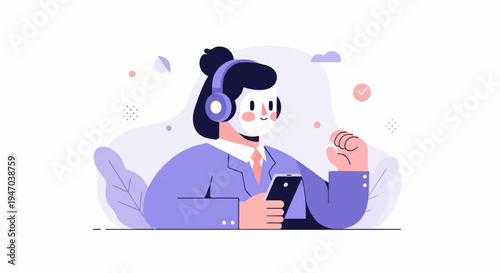 Person in headphones and suit holding phone with stylized background
