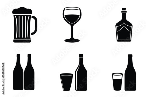 Alcohol bottle and drink glass silhouette icon set featuring wine beer and liquor for bar celebration and more vector illustration or editable stroke