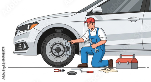 Mechanic changing car tire outdoors.