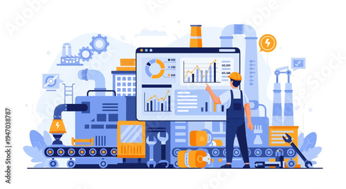 Industry 4.0 Smart Factory Automation and Data Analytics. Engineer monitors production processes, optimizing manufacturing efficiency with digital technology.