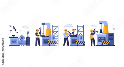 Industrial Maintenance & Repair: Workers Fixing Factory Machinery & Equipment. Engineering Service & Troubleshooting Process.