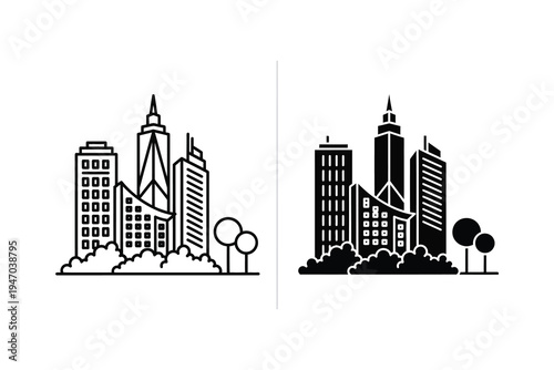 Abstract City Skyline & Park Icons - Modern Urban Landscape with Greenery