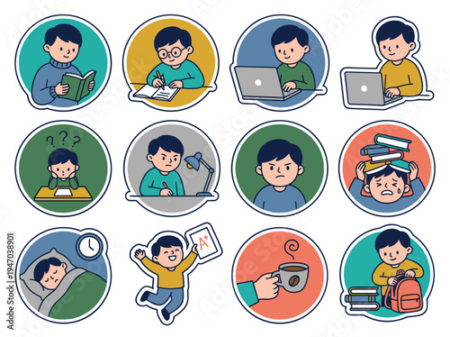 A set of cartoon boy characters performing various daily activities.