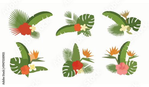 Flat tropical botanical vector set with palm banana leaves hibiscus plumeria and bird of paradise exotic floral elements