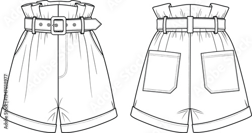 Women's paperbag waist shorts technical flat sketch with removable belt, rolled hems, side pockets, and back patch pockets vector illustration.