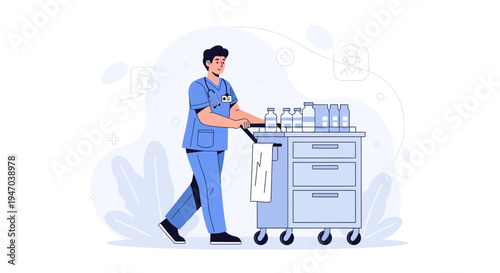 Male Nurse Pushing Medical Cart with Supplies in Hospital