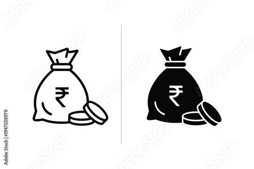 Indian Rupee Money Bag & Coins Icons - Finance, Wealth & Investment