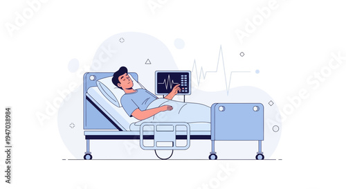 Patient in hospital bed with vital signs monitor, medical care concept