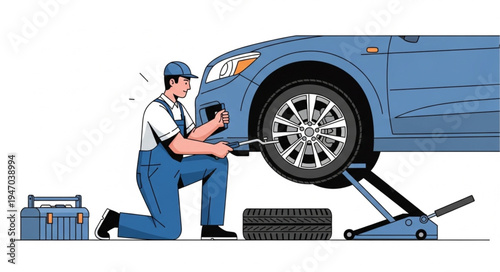 Mechanic changing car tire outdoors.